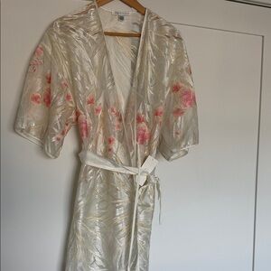 Ivory Satin Kimono Wrap Dress with Pink Floral Embroidery